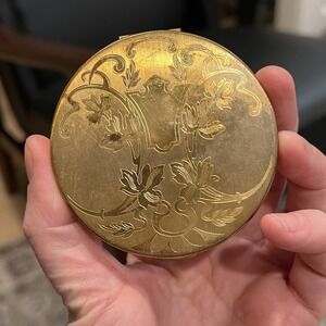 Elgin American Compact Mirror Case Gold Tone w/ Flowers 1940's Made USA Vintage